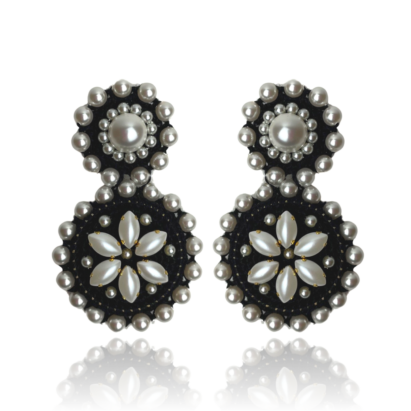 Flower Drop Earrings Black & Pearl