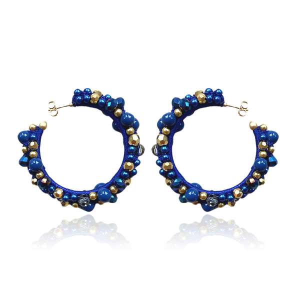 Dark Blue/Gold Cluster Hoop Earrings